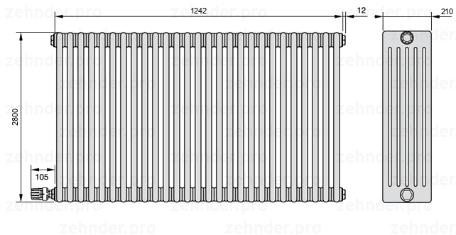 Схема (чертеж) Радиатор Zehnder Charleston 6280/27 №V003 Белый глянцевый RAL 9016